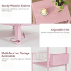 ECOLOVI Small 3 Tier Printer Stand for Under Desk, Height Adjustable Shelf Printer Table with 3 S-Hooks & Basket, Heavy Duty Industrial Storage Shelf for Home Office (Deep Pink) - Image 3