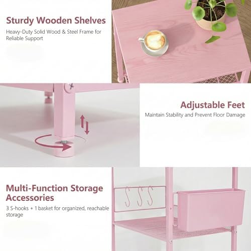 ECOLOVI Small 3 Tier Printer Stand for Under Desk, Height Adjustable Shelf Printer Table with 3 S-Hooks & Basket, Heavy Duty Industrial Storage Shelf for Home Office (Deep Pink) - Image 3