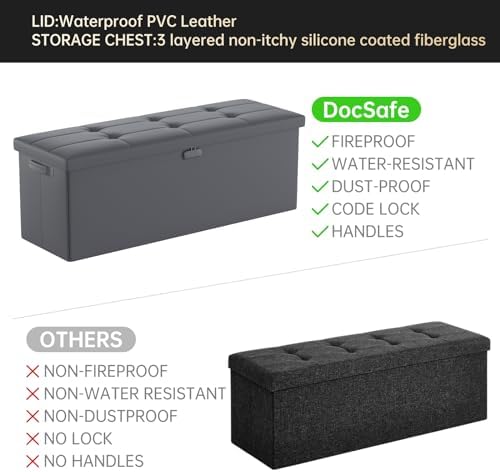 DocSafe Storage Ottoman Bench, Fireproof＆Waterproof Folding Bench with Lock(15”x 43”x15”), Leather Storage Chest with Handles＆2 Extra Boxes, Ottoman Safe for Bedroom,Living Room,Home Office, Gray - Image 5