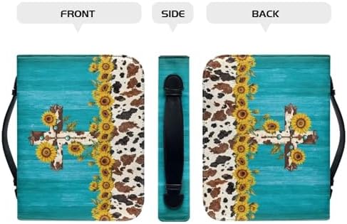 Blue Wood Grain Cross Bible Covers Case, Sunflowers Cow Print Women Girls Bible Cover Church Bag with Top Handle Protective Bible Carrying Case PU Leather Bag - Image 3