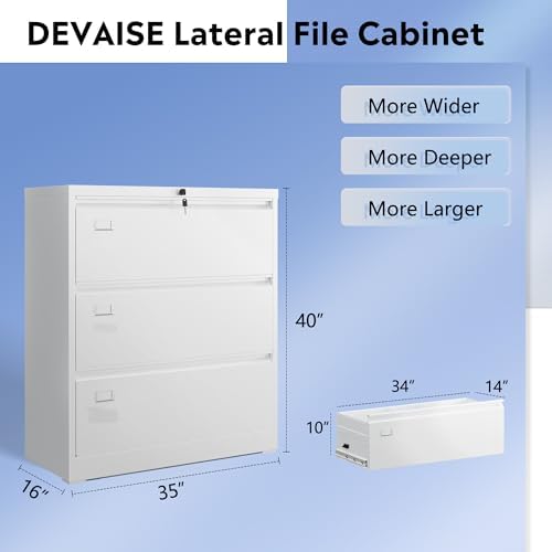 DEVAISE 3 Drawer Lateral File Cabinet with Lock, Assembly Required - Image 3