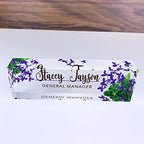Artblox Personalized Name Plate For Desk | Violets Flowers Design On Clear Acrylic Glass | Custom Desk Name Plate Personalized With Your Name And Credentials For Teacher Phd Military Office Name Plate - Image 4