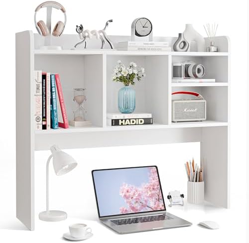SUPER DEAL Desktop Bookshelf, Countertop Storage Hutch with 4 Shelves for Computer Desk, 2-Tier Display Rack, Multipurpose Wood Desk Hutch Storage Organizer for Home Office Dorm, White by Superdeal