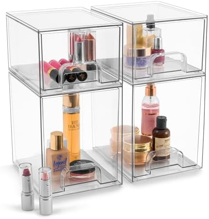 Sorbus Clear Stackable Storage Drawers (4 Pack, 7.6'' and 4.4'' Tall) - Image 7