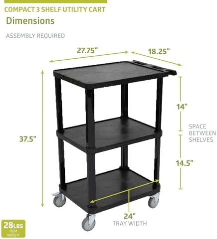 Pearington 3-Tier Compact Multi-Purpose Utility Cart with Lockable Wheels and Ergonomic Handle, Black, 2 Pack - Image 2