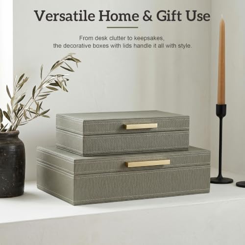 Decorative Storage Boxes with Lids, Set of 2 PU Leather Organizer Boxes with Soft Velvet Lining and Gold Handles, Stackable Keepsake, Photo & Document Storage for Bookshelf, Bedroom, Office - Image 6