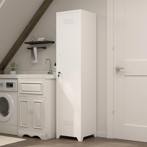 Slim Broom Closet Storage Cabinet, 65" H Metal Cabinets with Lock and Shelves & S-Hooks, Utility Storage Cabinet for Mop, Narrow Storage Cabinets for Pantry, Bathroom, Garage, White - Image 2