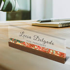 Artblox Personalized Office Desk Name Plate and Business Card Holder | Clear Acrylic Glass with Teak Wood Stand | Flower Stripe Design Customized with Your Name and Credentials Office Desk Décor - Image 2