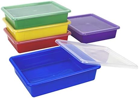 Storex Letter Size Flat Storage Tray – Organizer Bin with Non-Snap Lid for Classroom, Office and Home, Assorted Colors, 5-Pack (62534A05C) - Image 3