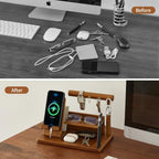 Wood Phone Docking Station for Men – Bedside Desk Nightstand Organizer with Hooks for Keys Bracelets Rings, Birthday Gifts for Husband Dad, Key Holder Wallet Watch Phone Valet Stand for Bedroom Office - Image 4
