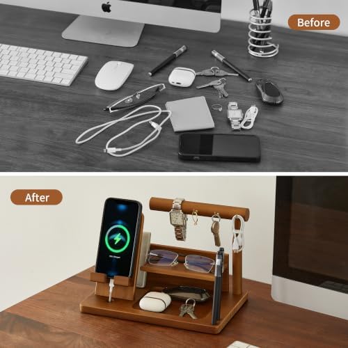 Wood Phone Docking Station for Men – Bedside Desk Nightstand Organizer with Hooks for Keys Bracelets Rings, Birthday Gifts for Husband Dad, Key Holder Wallet Watch Phone Valet Stand for Bedroom Office - Image 4