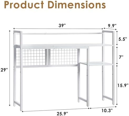 4-Tier Desk Hutch Shelf with Grid Panel, 39” Desktop Bookshelf for Monitor, Office & Home (White, 39") - Image 3