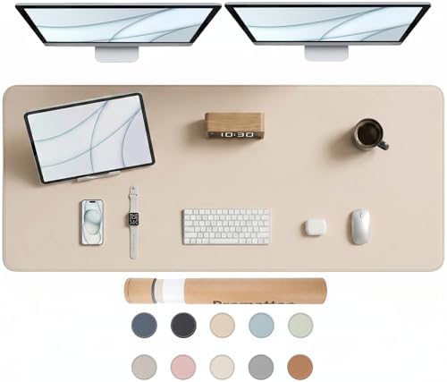 Large Desk Pad Non-Slip Desk Mat Protector for Keyboard Mouse Waterproof Vegan Leather Surface Faux Leather Laptop Mat Smooth Mouse Pad Premium Gift Tube Warm Beige 55" x 23" by Promattoo