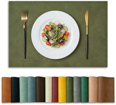 Artoid Mode Olive Green Faux Leather Placemats Set of 8, 12x18 Inch Waterproof Wipeable Heat Resistant Vinyl Place Mats, Reversible Table Mats for Kitchen Dining Decor by ArtoidMode