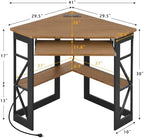 VECELO Corner Desk, Triangle Computer Desk for Small Space with Charging Station and Keyboard Tray, Corner Makeup Table with Storage Shelves for Home Office Bedroom, 41x30, Light Walnut - Image 3