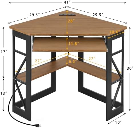 VECELO Corner Desk, Triangle Computer Desk for Small Space with Charging Station and Keyboard Tray, Corner Makeup Table with Storage Shelves for Home Office Bedroom, 41x30, Light Walnut - Image 3