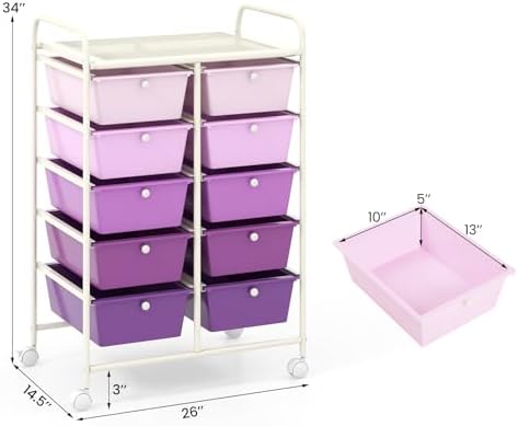 Giantex 10 Drawers Rolling Cart, Classroom Organizers, Storage Cart with Wheels, for Teacher Office Home School Supplies Tool Craft Art Paper, Purple Gradient - Image 3