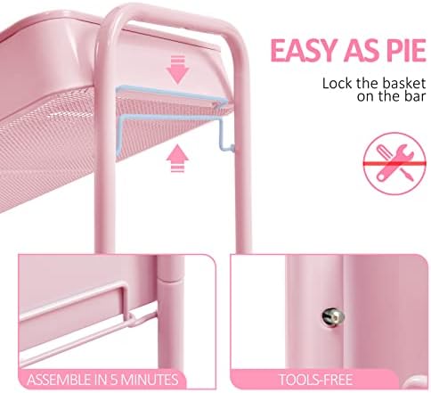 TOOLF 3 Tier Rolling Cart, Metal Utility Storage Cart with Wheels, Pink - Image 4