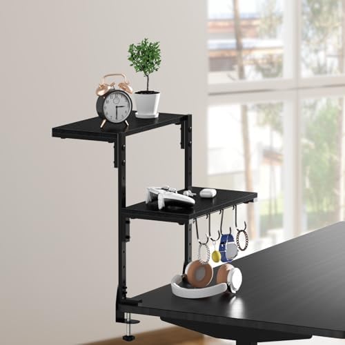 Clamp-on Desk Shelf, 13 inch Above or Below Desk 2-Tier Shelving, Adjustable Metal Storage Tray for Gaming Devices or Office Desk Accessories and More, Black, Patent Pending - Image 6