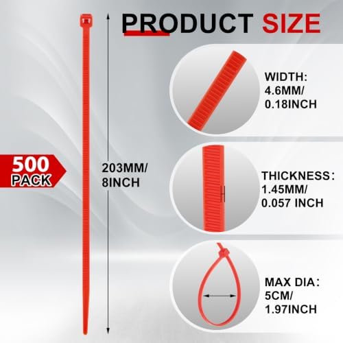 SATINIOR 500 Pcs 8 Inch Red Plenum Cable Ties Bulk, 50 lb Zip Ties - Image 2