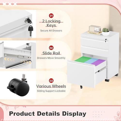 Superday White 3 Drawer Mobile Locking File Cabinet, Metal Rolling Vertical Filing Cabinet with Drawers, Small Under Desk File Cabinets for Office and Home, Fully Assemble - Image 5