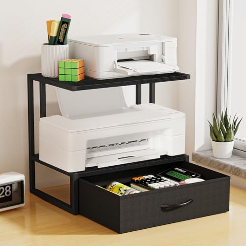 Printer Stand with Storage for Desk, with Fabric Drawer Desktop Printer Stand Shelf Organzier for Home Office, for Above and Under Desk Printer Table, Fax Machine Copier Scanner, Black - Image 3