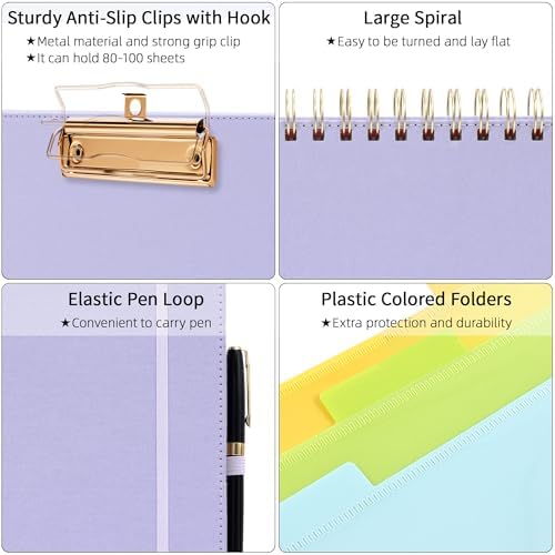 Ospelelf Foldable Spiral Clipboard Folio with Storage Zipper Pouch, 5 Plastic Folders with 10 Pockets, Refillable Lined Notepad (11" x 8.5"), Linen Hardcover Project Organizer (Light Purple) - Image 4