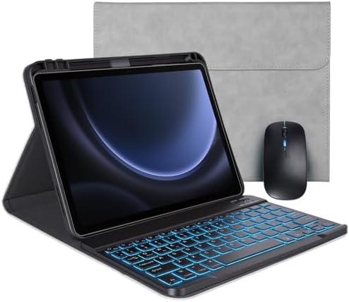 Keyboard Case for Samsung Galaxy Tab S10 Lite/S10 FE/S9 FE 5G 10.9"/S9,Mouse and 7 Color Backlit Keyboard,Pencil Holder, Magnetic Detachable,Premium PU Leather Cover with Auto Sleep/Wake,Gray+Mouse by Dremlongtra