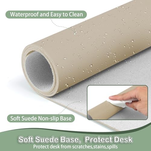 Boutilon Leather Desk Pad Protector,Non-Slip Mouse Pad,Laptop Desk Pad,Office Mouse Mat,Waterproof Leather Desk Blotter,Desk Writing Pad for Office and Home (XXXL-Beige,47"x 24") - Image 4