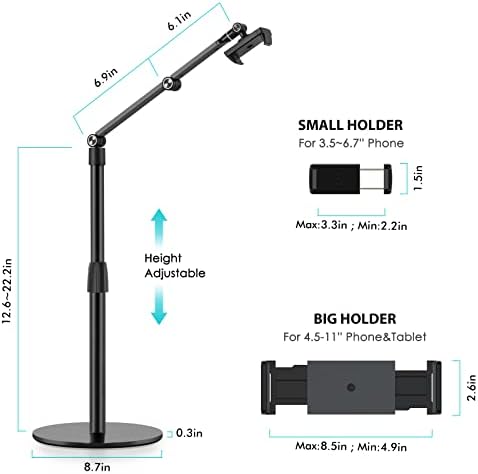 Viozon Tablet Phone Overhead Stand, Height & 360 Degree Angle Adjustable, Aluminum Desktop Stand, Compatible with 3.5-11" Cellphone or Tablet Such as iPhone iPad Pro Air Mini, Samsung, Nexus(AP-4P-B) - Image 4