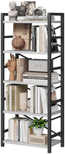 Homeiju Organization and Storage, 5 Tier Bookshelf, Tall Bookcase with Shelves, Wood and Metal Book Shelf Storage Organizer, Industrial Display Standing Shelf Unit for Bedroom, White by Homeiju