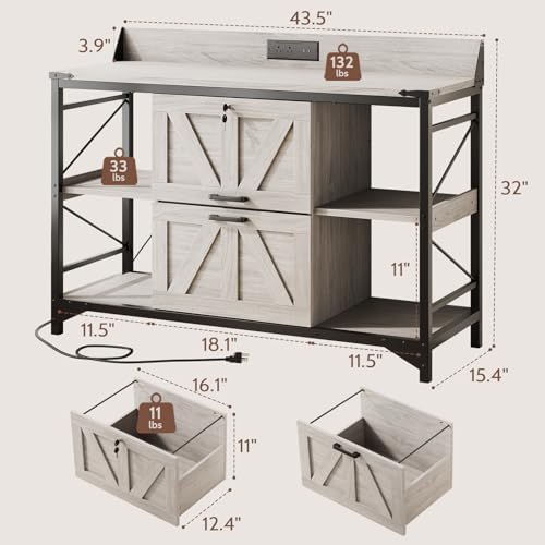 44" File Cabinet, Lateral Filing Cabinet for Home Office with 2 Drawers, Office Storage Cabinet with Lock and Key, Wooden Printer Stand with 4 Storage Shelves and Power Outlets, Office Furniture, Grey - Image 2