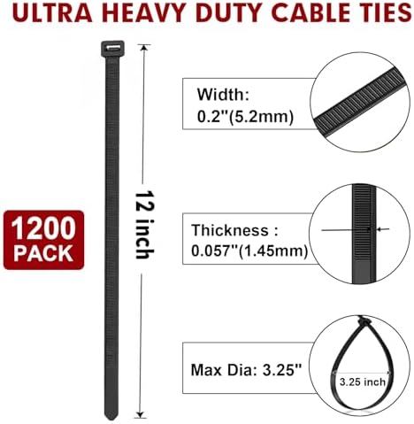 Zip Ties, RAZCC 1200pcs Black Cable Zip Ties 12 Inch, Heavy Duty Plastic Wire Ties with 70lb Tensile Strength, Self-Locking Black Nylon Tie Wraps for Indoor and Outdoor - Image 2