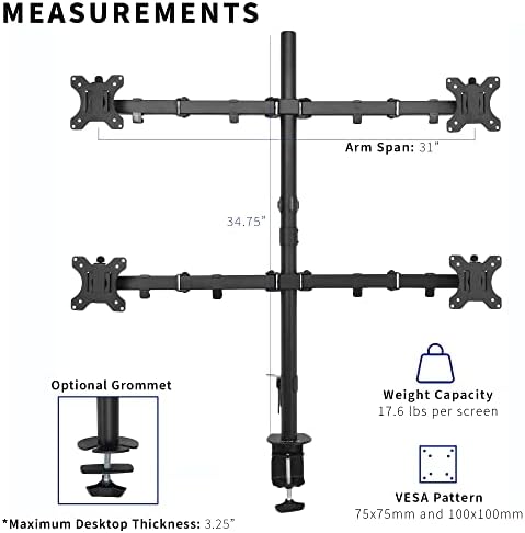 VIVO Quad 13 to 30 inch LCD Monitor Desk Mount | Adjustable 4 Screen Stand - Image 4