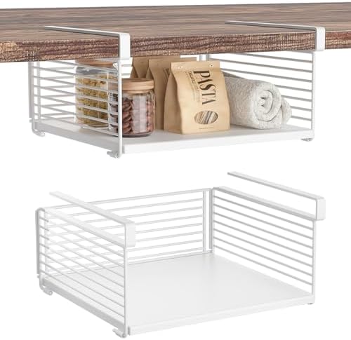 Under Shelf Storage Basket, Hanging Wire Basket with 1.13 Inches Thick Clips for Kitchen, Pantry or Laundry Room, Under Cabinet or Desk Storage Organizer, White, 13.75" L-Solid Bottom, 2 Pack by SHINEWON