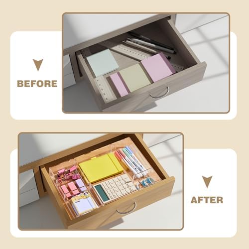 Briwooody 2 Pcs Clear Acrylic Desk Drawer Organizer 12 x 8 x 1.77 Inch Drawer Organizer Trays with 6 Compartments Desk Accessories for Office Makeup Silverware Bathroom - Image 5