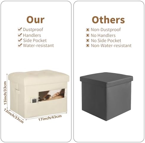 Storage Ottoman, Small Folding Leather Foot Rest Stool for Dorm, Beige - Image 2