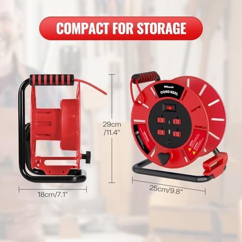 Extension Cord Storage Reel with 4-Grounded Outlet & 2 USB Port, 15A Circuit Breaker, Heavy Duty Open Cord Reel for 12/3,14/3 Gauge Power Cord, Hand Wind Retractable, ETL Listed Red R85CR06 - Image 2