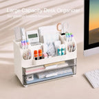 HBlife Desk Organizer with Pencil Pen Holder for Desk, Pen Organizer with 2 Drawers, Desk Organizers and Accessories with Compartments, Desktop Storage for Office, Home, School, Art Supplies, White - Image 2