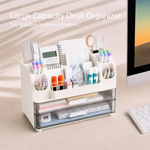 HBlife Desk Organizer with Pencil Pen Holder for Desk, Pen Organizer with 2 Drawers, Desk Organizers and Accessories with Compartments, Desktop Storage for Office, Home, School, Art Supplies, White - Image 2