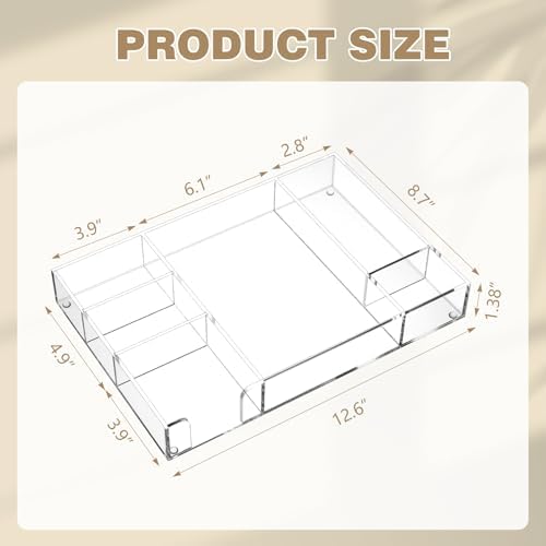 Briwooody 2 Pcs Clear Acrylic Desk Drawer Organizer 12 x 8 x 1.77 Inch Drawer Organizer Trays with 6 Compartments Desk Accessories for Office Makeup Silverware Bathroom - Image 2
