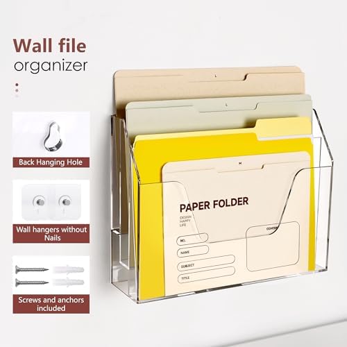 Wall Hanging File Folder Organizer for Desk, 3-Tier Acrylic Magazine Rack Wall Mount File Holder, Clear Paper Document Office Organizer - 1 Pack - Image 2