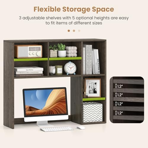 GOFLAME 7 Cubes Desktop Bookshelf, 37” Desk Organizer Shelf with 3 Adjustable Shelves, 3-Tier Wood Countertop Display Rack, Multipurpose Tabletop Desk Hutch for Dorm, Home Office, Gray - Image 5
