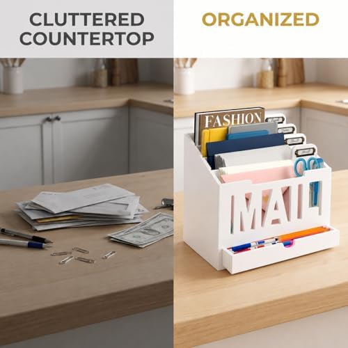 Mail Organizer Countertop, Desktop Mail Sorter with Drawer & Label Tags, WH - Image 3