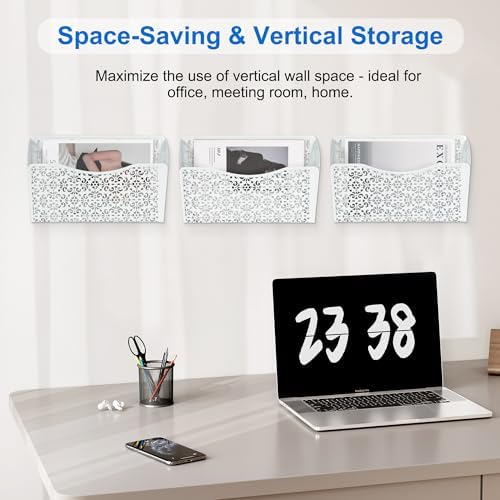 EasyPAG 3 Pack Hollow Design Wall-Mounted File Organizer - Heavy Duty Metal, Vertical Space Saving, Letter Size Single Pocket Holder for Office, Home, School, White - Image 2