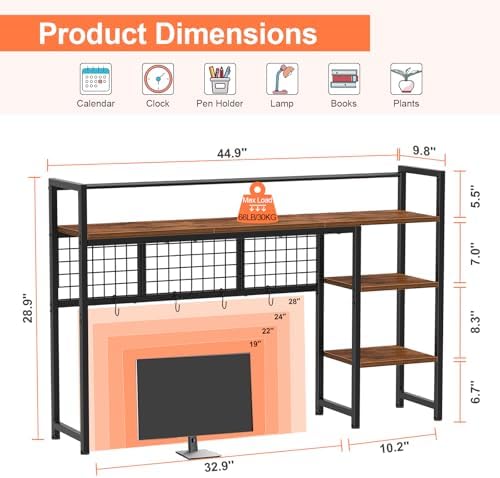 Snughome Desk Shelf, 44.9" Desktop Organizer Shelf, Desk Hutch for Computer Monitor, 4 Tier Desk Display Rack with Pegboard Hooks Set, Wood Desktop Bookshelf for Home Office Dorm - Image 3