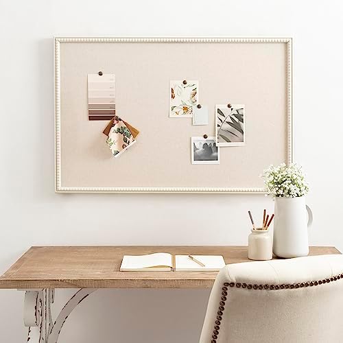 Kate and Laurel Makenna Rectangle Framed Linen Fabric Pinboard; 24 x 36; Soft White; Traditional Beaded Bulletin Board for Vintage Home Wall Organization or Aspirational Vision Board - Image 4