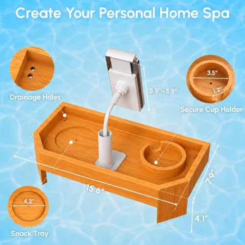 Bamboo Hot Tub Tray with 360°Adjustable Phone Holder, Hot Tub Drink Holder - Image 3