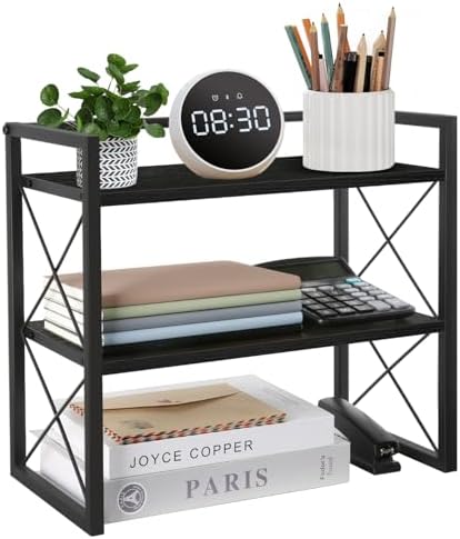 YINMIT Desktop Shelf Organizer, 2 Tier Office Shelves, Wood Desk Organizer Storage Rack and Freestanding Display Shelf for Office, Dormitory, Home(Black) by YINMIT