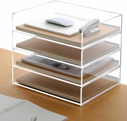 Acrylic Paper Tray, 4 Tier Paper Organizer for Desk, Clear Acrylic Desk Organizers, Stackable Letter Tray Workspace Organizer -Art Storage for School Classroom -4 Pack… by HeZone